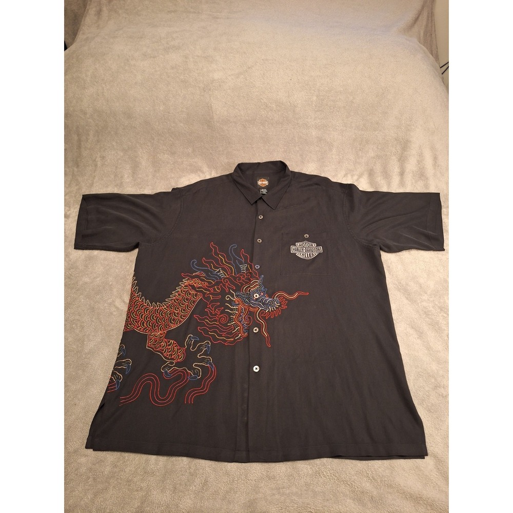 Men's Vintage Harley Davidson 2XL Tori Richard's Silk Embroidered Dragon  Shirt